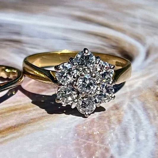 Gold ring with a diamond cluster on a textured fabric background